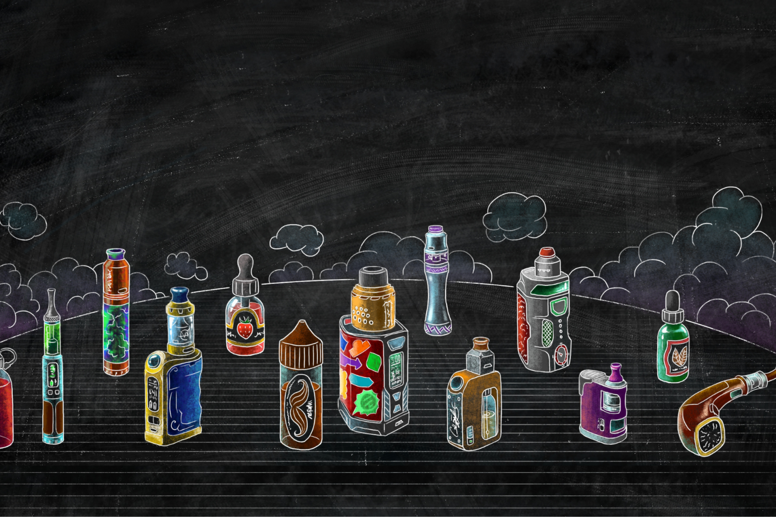 graphic of different vape mods and e-liquid bottles