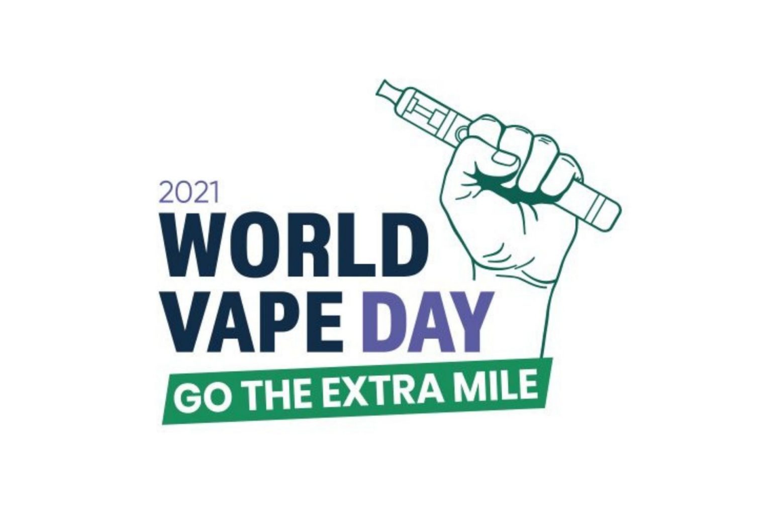 A white and green logo for world vape day featuring a hand holding a vape aloft