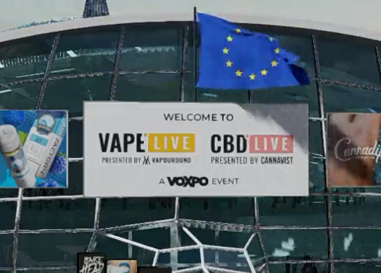 The Vape Live Europe flag above the auditorium entrance