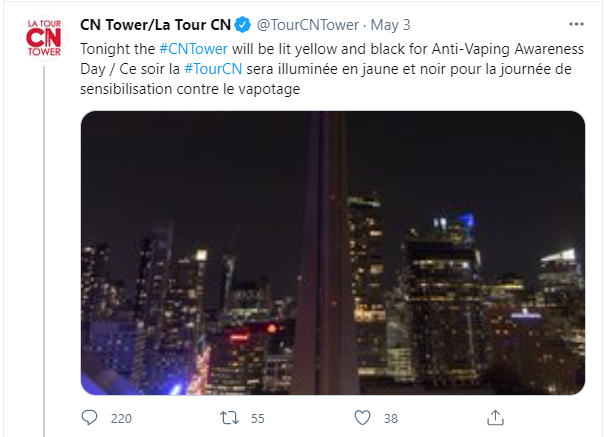 A tweet from the CN Tower Twitter account announcing their intention to light up yellow and black for anti-vaping awareness day