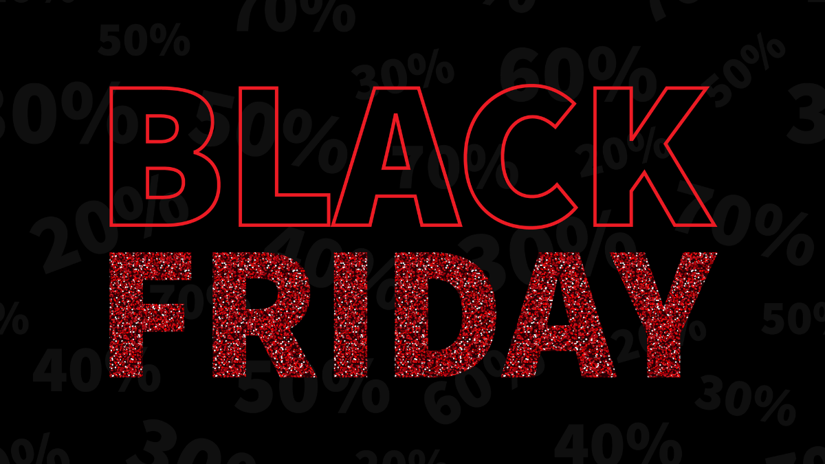 Red glitter text that says Black Friday with percentage discounts in the background