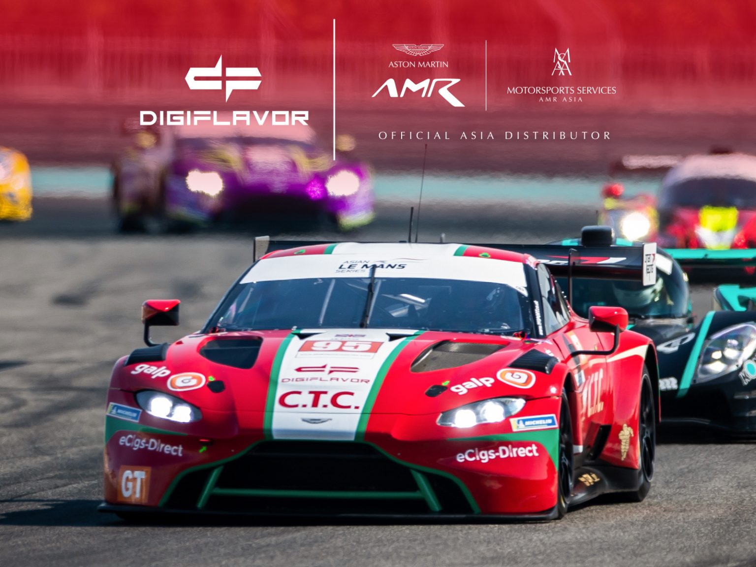 digiflavor partnership with aston martin racing - red and white aston martin racing car on the Asain Le Man Series 2022 racetrack