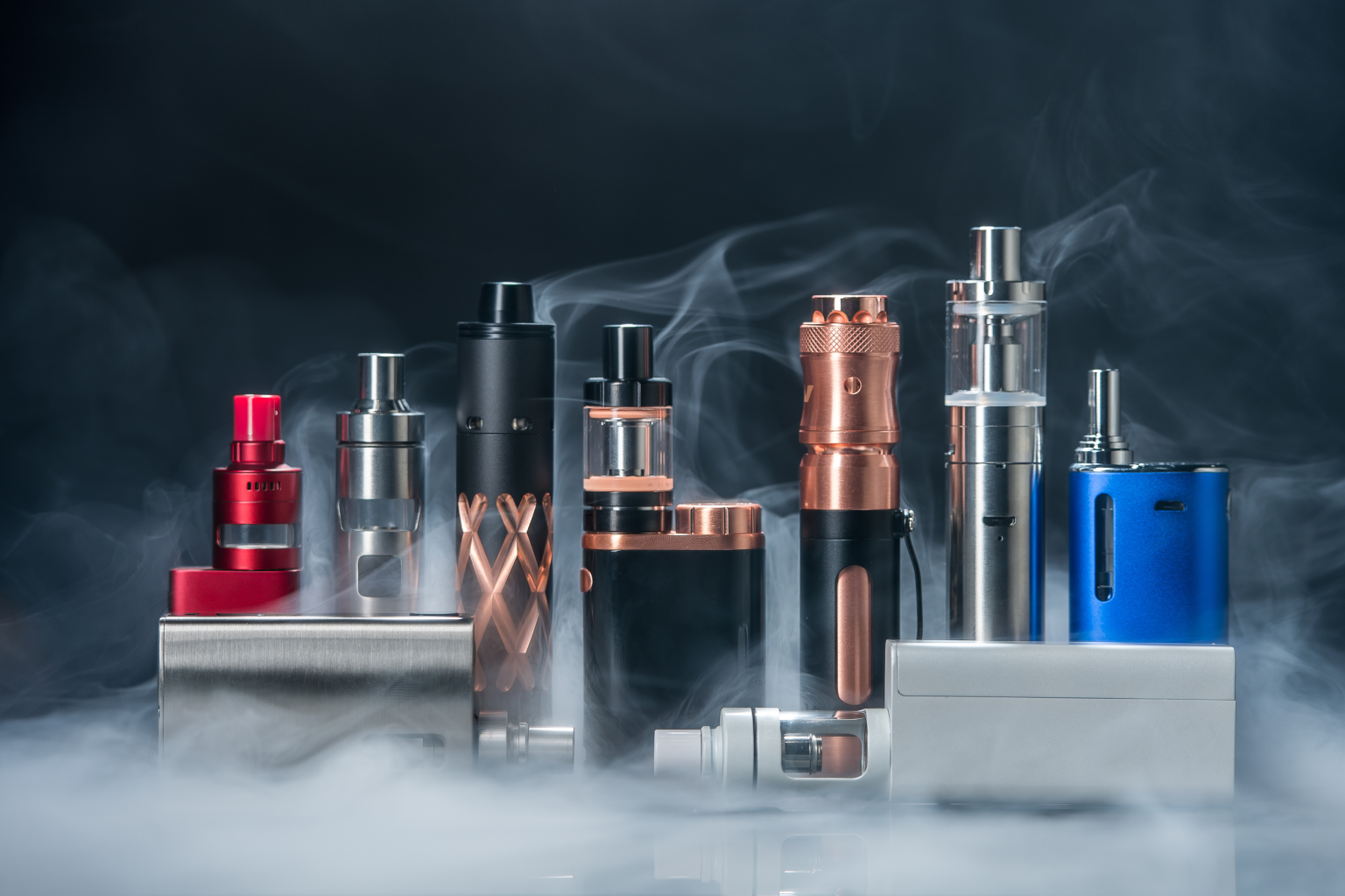 selection of vape mods, vape pod systems, e-cigarette pens