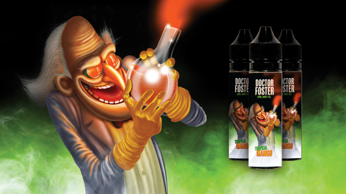 vape'ry doctor foster promotional banner for tropical mango e-liquid shortfill