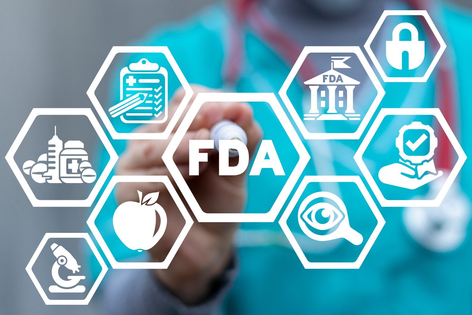 FDA creative graphic with white logos that represent food and drugs - United States Food and Drug Administration.