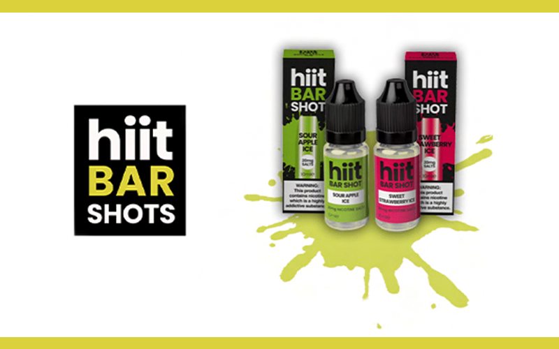 hiit bar shots promotional banner advert - sour apple ice nicotine eliquid and sweet strawberry ice nicotine eliquid