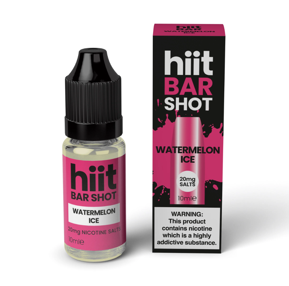 pink hiit bar shot 10ml e-liquid bottle with black cap - watermelon ice flavour 20mg salt nicotine