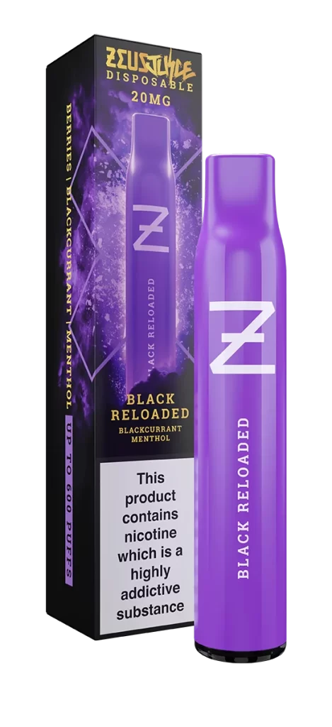 black reloaded disposable vape 20mg device with purple casing