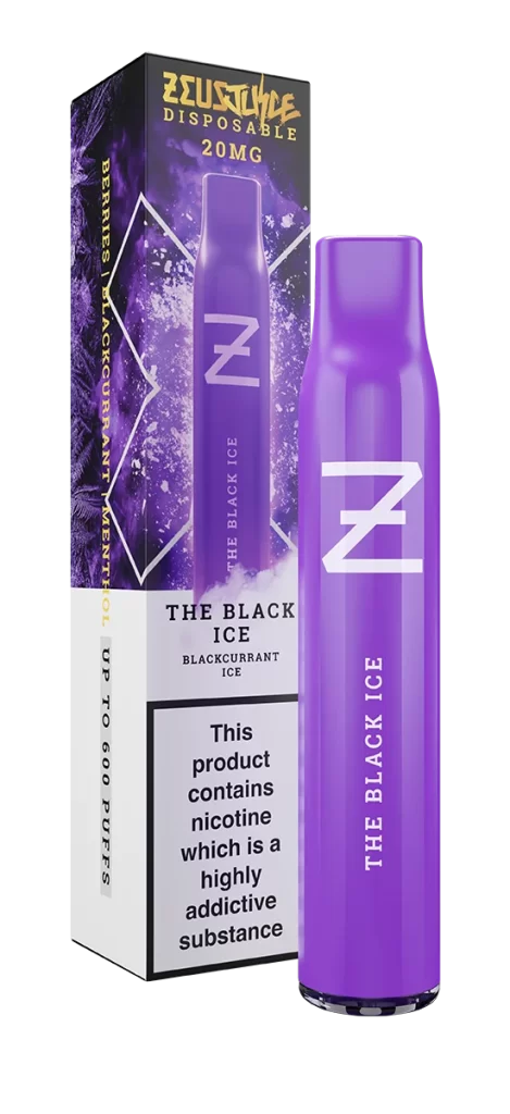 the black ice zeus juice disposable vape 20mg device with purple casing