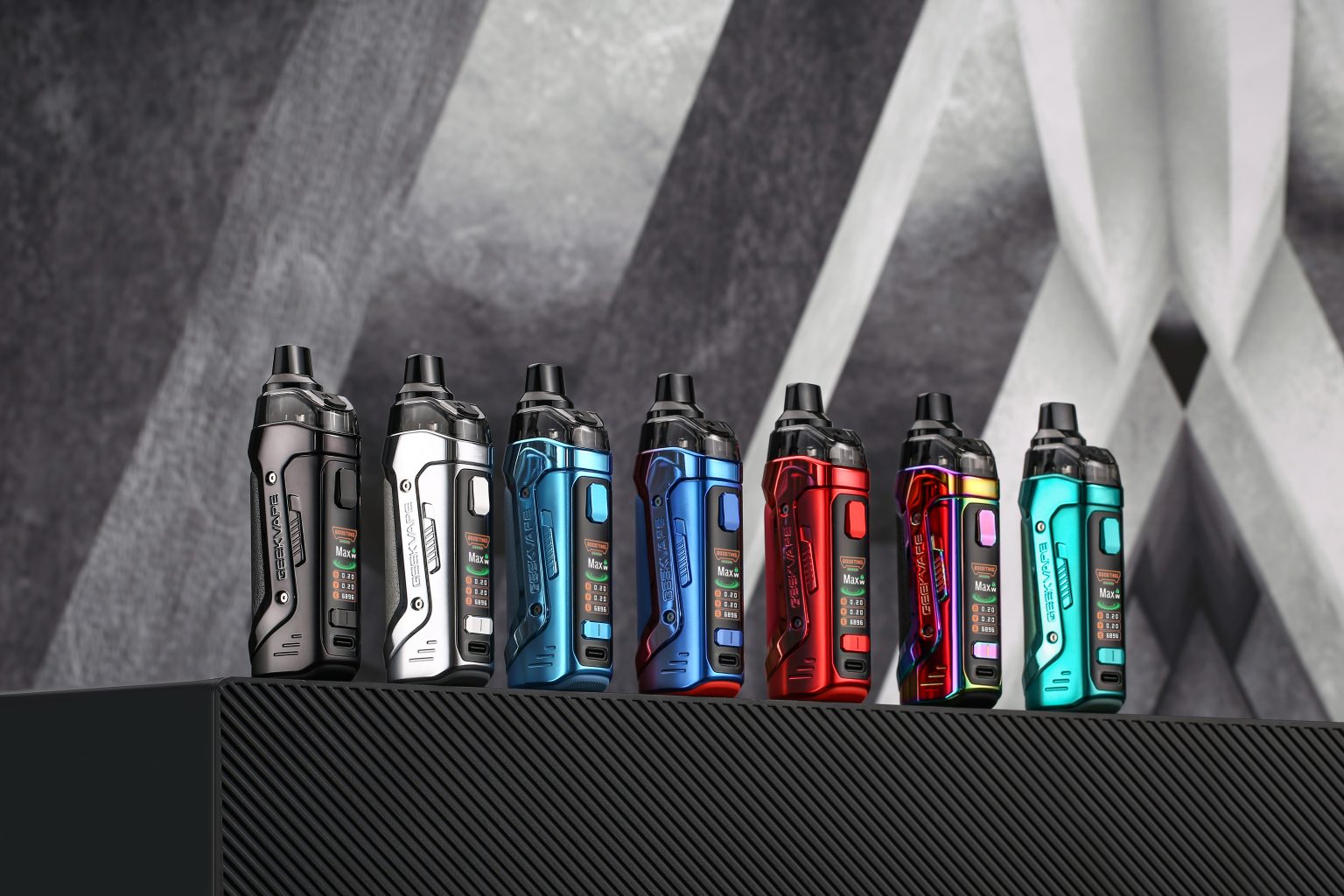 full range of geekvape aegis boost 2 vape devices in 7 colour ways on a black shelf