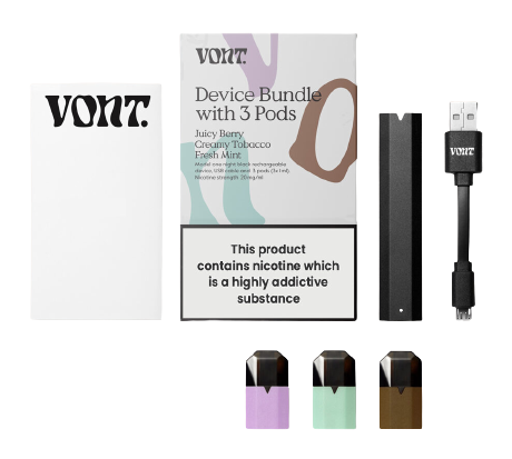 VONT one device pod system bundle with 3 pods, manual and usb charging cable 