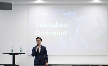 member of 2Firsts presenting a keynote speech on chinese vapae regulations at intertabac vape event in germany