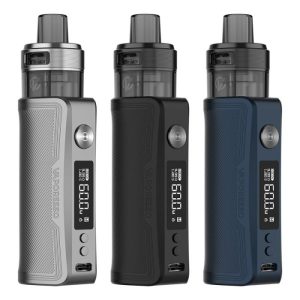 three vaporesso gen pt60 vape mods in silver, black and blue sat next to each other 