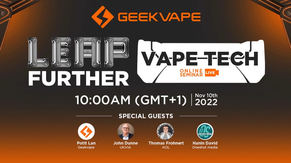 orange and grey promotional banner for Geekvapes Leap Further online seminar