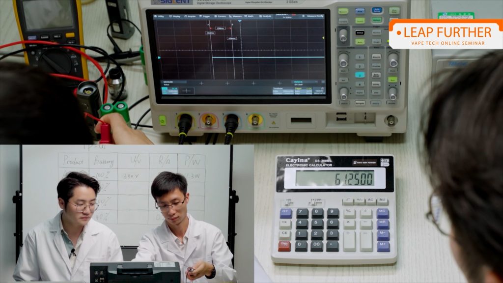 two laboratory technicians working on a voltage machine testing the output voltage of vape devices