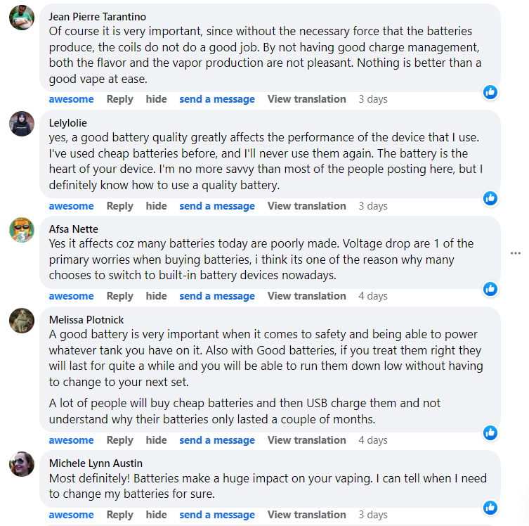 conversation thread on vape batteries on geekvape post on facebook 