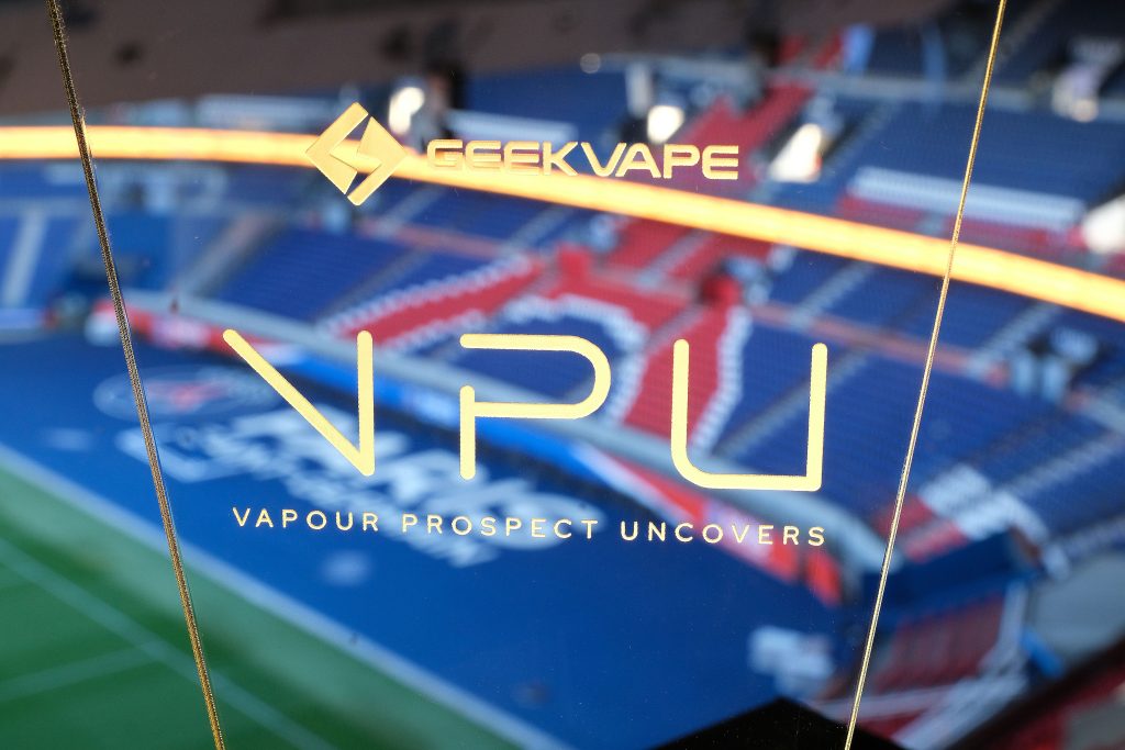 geekvape promo banner for their new technology vapour prospect uncovers at the paris saint germain football stadium