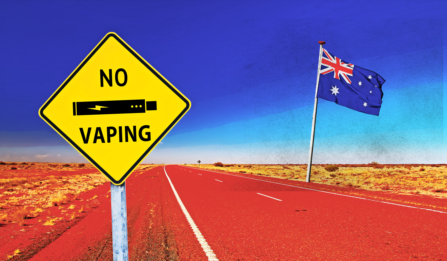 no vaping yellow warning sign in the Australian outback with flag in the background