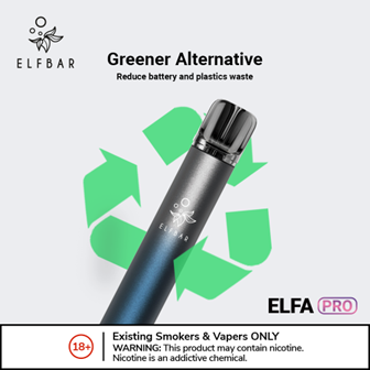 green recycle symbol wrapped around a blue and silver ELFA PRO pod kit vape from ELFBAR