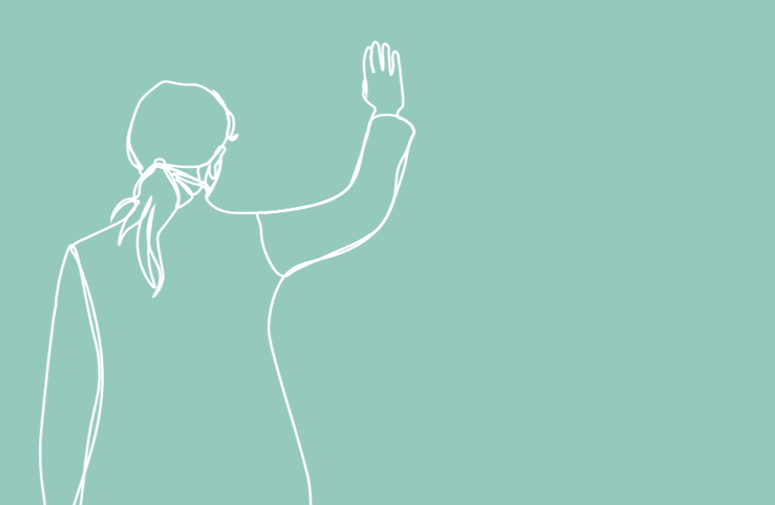 graphic white outline of a women waving goodbye on a green background