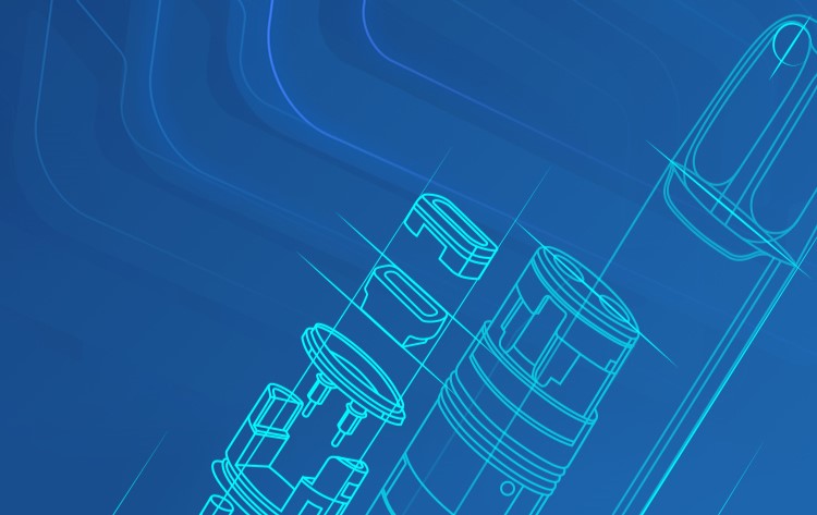 blue outline of a disposable vape and inside content on a dark blue background