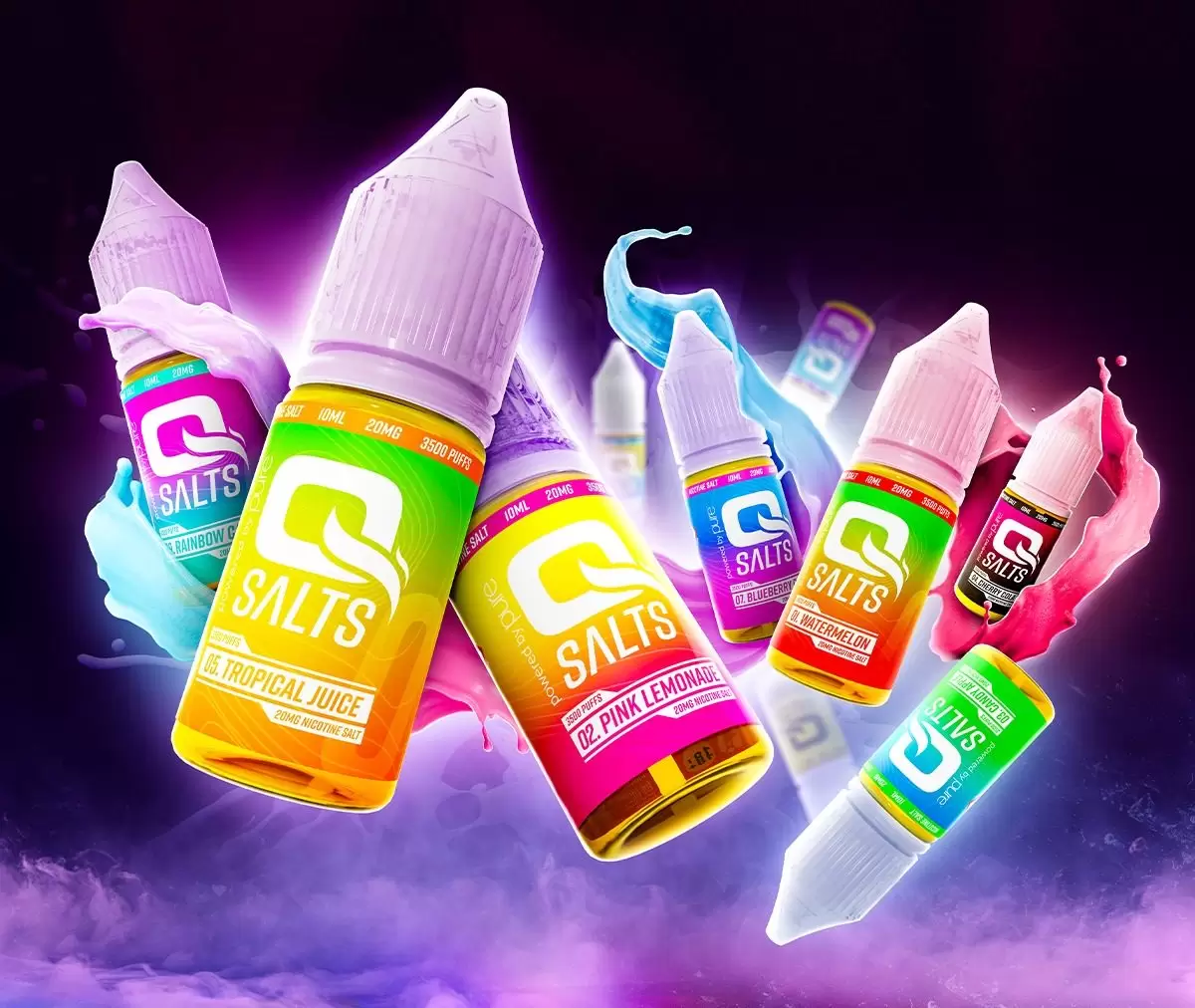 QSalts 10ml e-liquid vape juice range on a purple vapour background