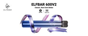 blue ELFBAR 600V2 disposable vape with purple ribbon like swirl wrapped around it