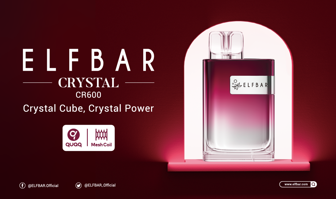 ELFBAR Crystal CR600 square shaped single use vape on a wine red background