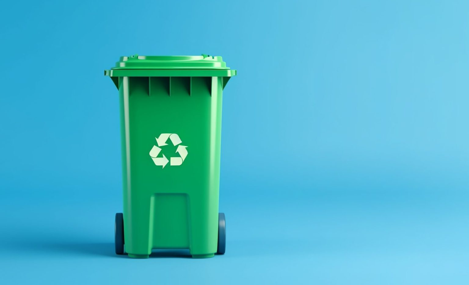 Green plastic recycle bin sat on a blue background