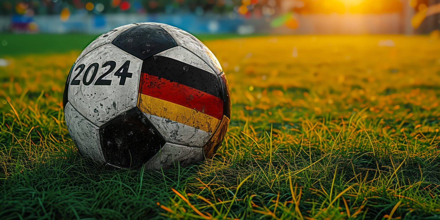 Soccer ball on a green field with UEFA Euro 2024 text, symbolizing the anticipation for the upcoming European football championship