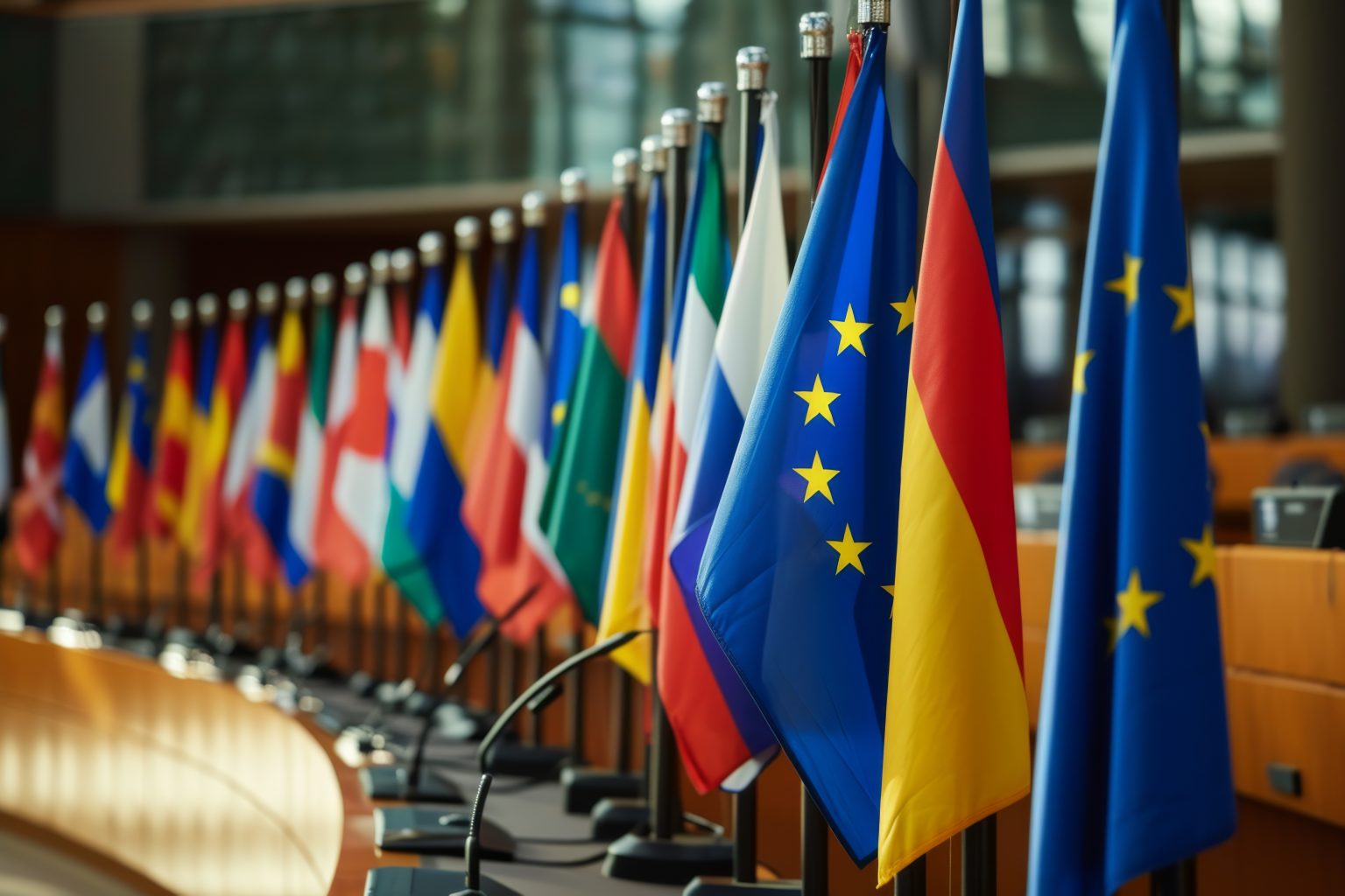 EU and Member States flags inside european council room