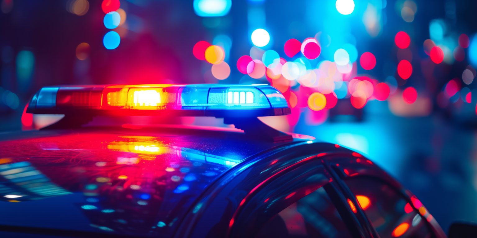 Blue and red light flasher atop of a police car. City lights on the background.