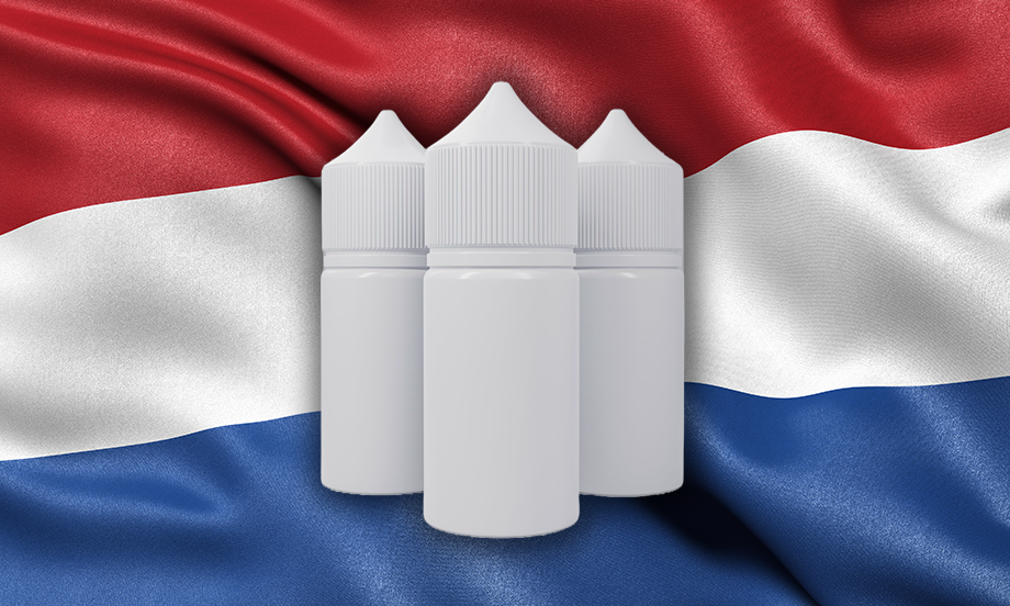 three plain white vape juice e-liquid bottles sat in front of the Netherlands national flag