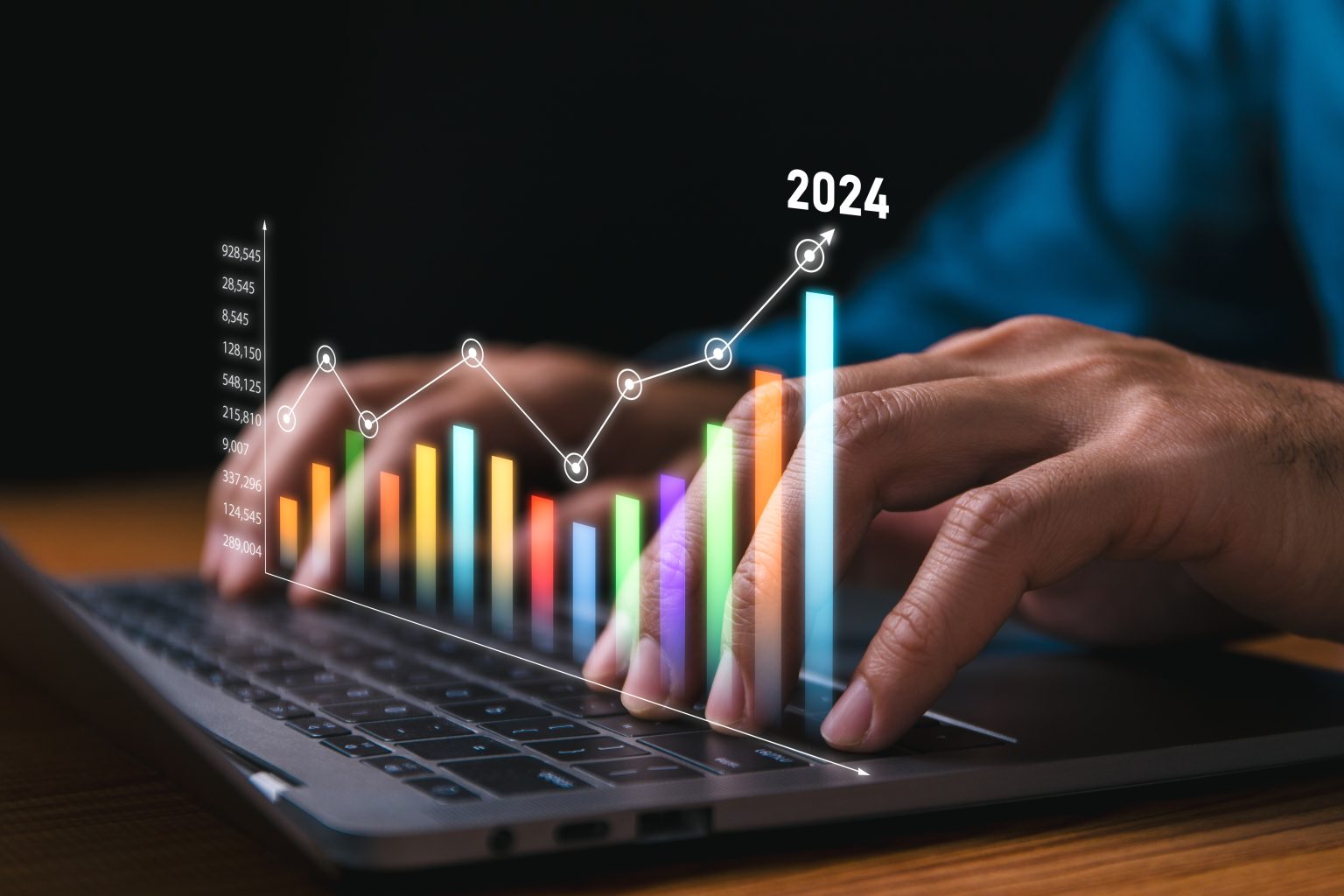 man using laptop showing data points on a graph for 2024 market trends