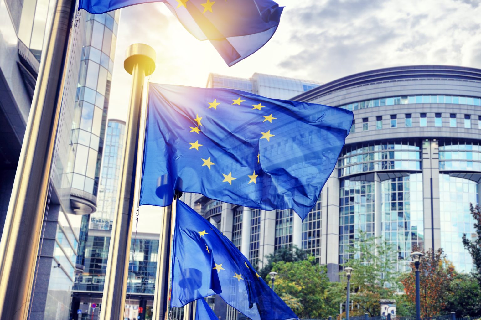 EU flags waving in front of European Parliament building