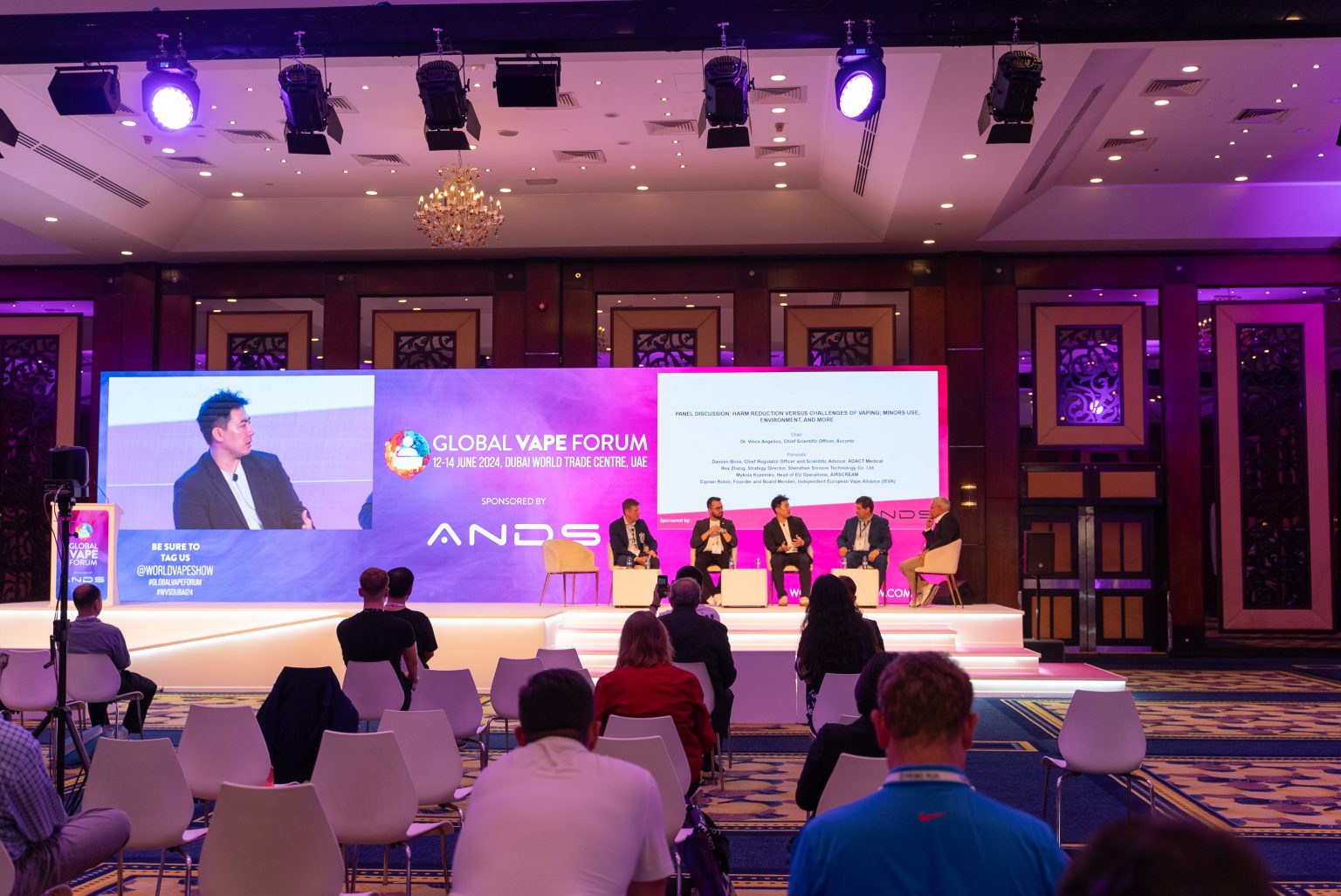 REX Zhang, Strategy Director at SMOORE and Assistant President at FEELM taking part in a group talk at the Global Vape Forum in Dubai at the World Vape Show 2024