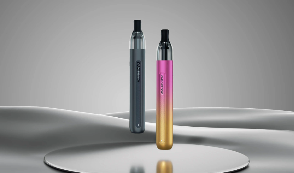 vaporesso eco one pen style pod system in grey and pink and yellow gradient