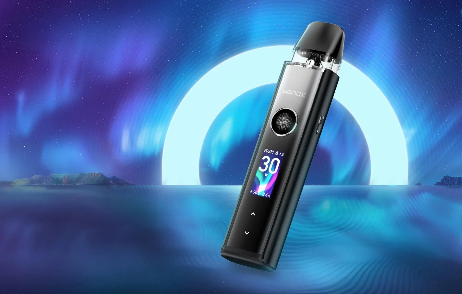 geekvape wenax q pro in front of an blue and purple aurora borealis