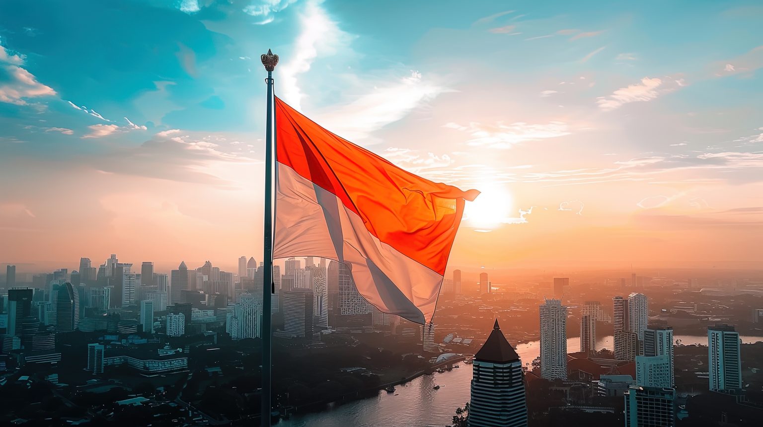 Indonesian flag waving in the wind with a cityscape in the background during a beautiful sunset